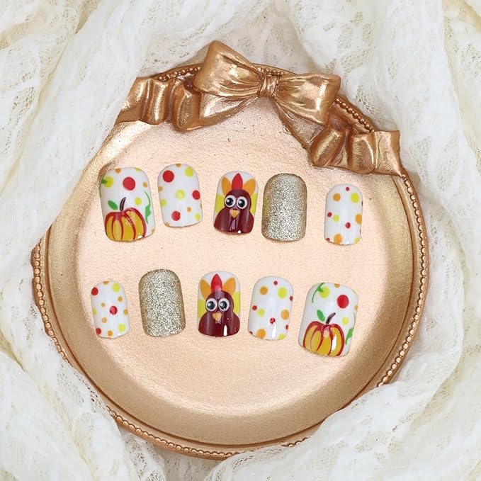 24Pcs Thanksgiving Press on Nails Petite Short Fake Nails Square Shaped Colorful Dots with Turkey Design Full Cover Artificial Fall Glue on Nails Autumn False Nails Stick on Nail for Acrylic Manicure