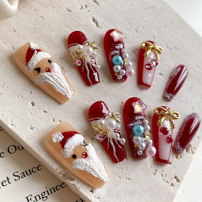 10Pcs Christmas Press on Nails Long Coffin Fake Nails with Gold Bow Charms Designs Luxury Pearls Christmas Tree Santa Claus False Nails Winter Artificial Stick on Nails for Women DIY Manicure Decor