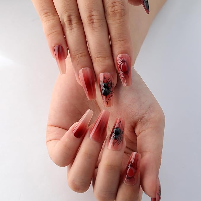 Halloween Coffin Press On Nails Medium Long, Blood Red Ombre Fake Nails with 3D Spider Embellishments, Blood Drip Effect & Haunted Castle Patterns Reusable fall Glue on Nails Kit for Women