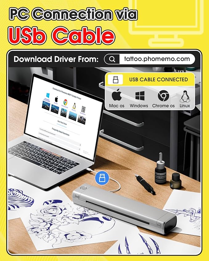 Phomemo M08F Tattoo Stencil Printer Bluetooth, Inkless Tattoo Machine with 10pcs Transfer Paper, Portable Printer for Tattooing, Compatible with Smartphone & PC, Silver