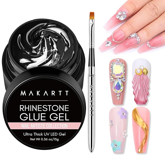 Makartt Nail Rhinestone Glue Gel with Brush Pen Set, 15ml Clear Nail Gem Glue Wipe-Off Super Strong Adhesive Nail Art Glue Gel for Nail Decorations 3D Stones Charms Flowers, Nail Lamp Needed
