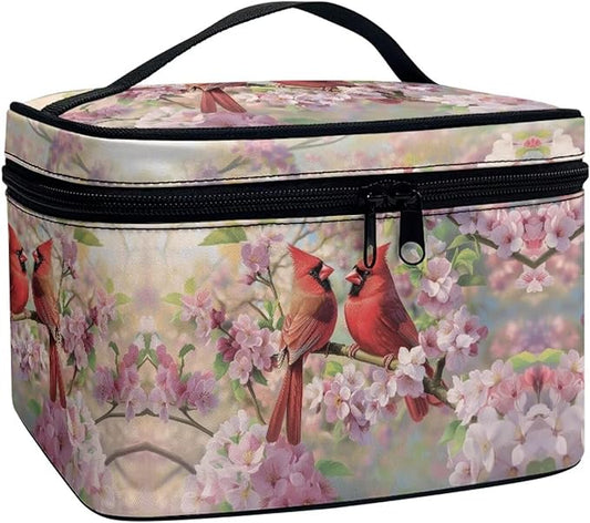 Cardinal Pink Cherry Blossom Print Travel Makeup Bags for Women Portable Tote Cosmetic Case with Carry Handle Toiletry Accessories Storage Organizer Bags