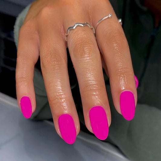 Matte Hot Pink Press on Nails Short Almond Fake Nails Press ons, Thick Solid Color Glue on Nails Short False, Medium Almond Oval Round Shaped for Women, 24Pcs Natural Acrylic Gel Nail