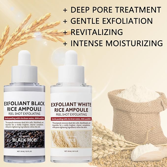 2PCS Peel Shot Glow Rice Ampoule Duo, Rice Exfoliating Ampoule Set, Black and White Rice Exfoliant, Rice Ampoule Duo Exfoliating Solution, Gentle Peel + Pore Minimizing & Deep Hydration for All Types