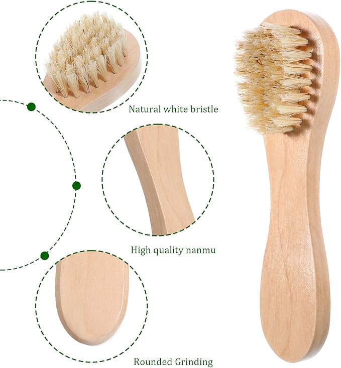 2 Pcs Dry Brush for Face, Natural Bristles Facial Exfoliating Brush with Wooden Handle Mini Face Cleansing Brushes for Women Men