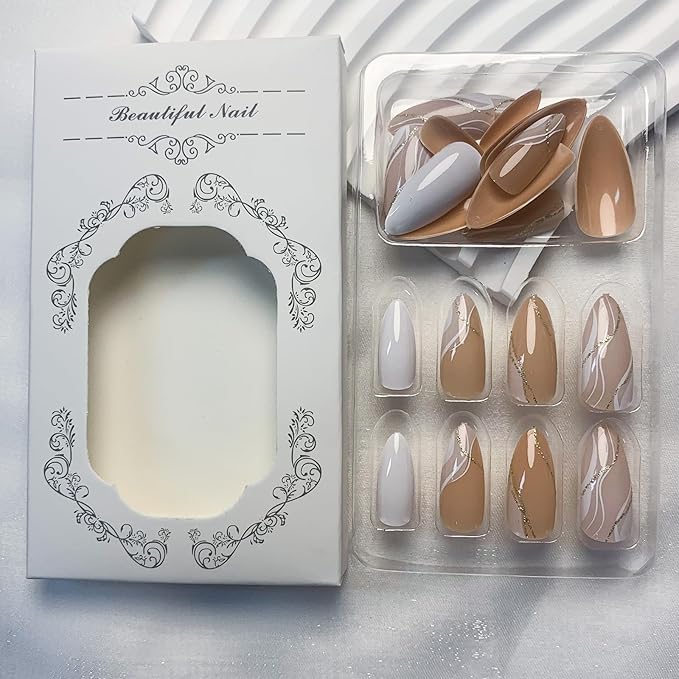 Medium Almond Press on Nails White Marble Fake Nails French False Nails with Gold Curve Line Design Glossy Acrylic Nails Glue on Nails for Women Girls Manicure Art 24 Pcs