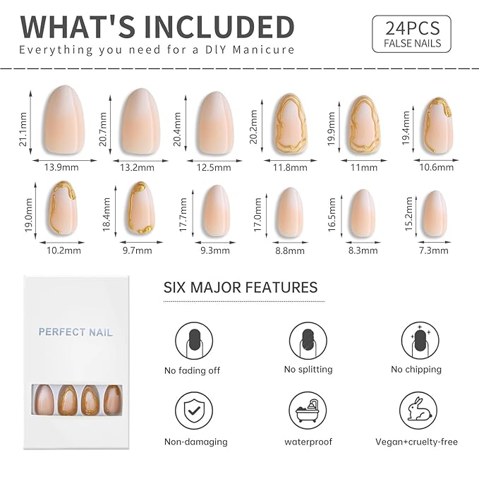 Gold Outline French Press On Nails 24pcs, Nude White Gradient Almond False Nails with 3D Metallic Design, Glossy Stick On Nails, Reusable Acrylic Fake Nails Kit for Women