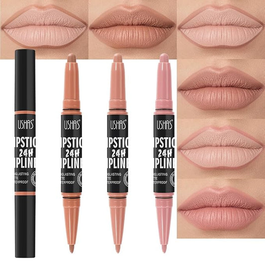 USHAS 3Pcs Lipstick and Lip Liner Combo Set 2 in 1 Makeup Kits Long Lasting and Waterproof Nude Matte Lipstick For Women (Set 1 (07+08+09), 3Pcs)