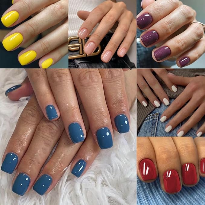 144Pcs Press on Nails Square, Short Square Press on Nails, Extra Short Press on Nails, Solid Color Fake Nails, Glossy Glue on Nails, Gel False Nails for Women, Stick on Nails Kit 12 Sizes-6 Colors