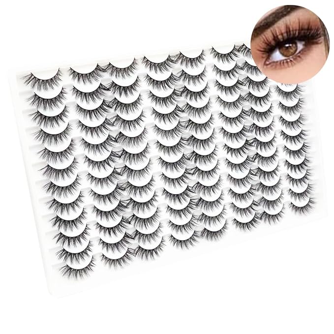 False Eyelashes 48 Pairs Faux Mink Lashes 14mm Wispy Lashes 3D Fluffy Cat Eye Lashes Pack Bulk Wholesale Strip Lashes(style 48-042)