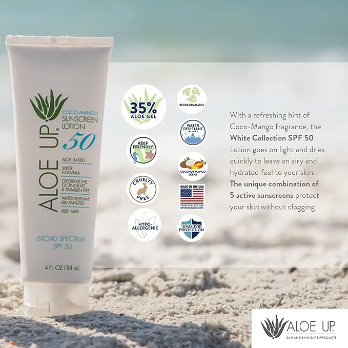 Aloe Up SPF 50 Sunscreen for Sensitive Skin - Broad Spectrum Face and Body Sunblock with Aloe Vera - Reef-Safe, Hydrating Coco-Mango Fragrance, 4 Oz
