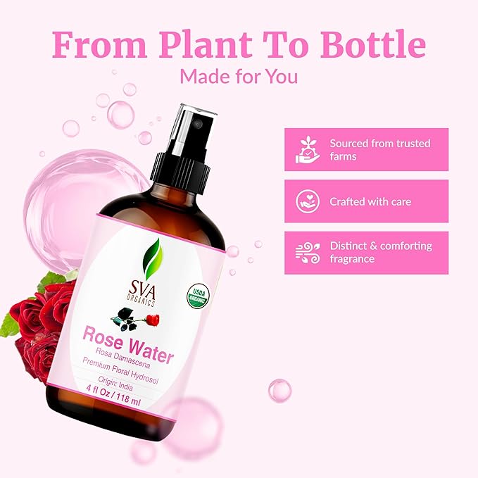 SVA ORGANICS Rose Water 4oz (118 ml) Refreshing Rose Water Spray for Skin Care, Skin Hydration, Bath, Soaps, Haircare & Aromatherapy