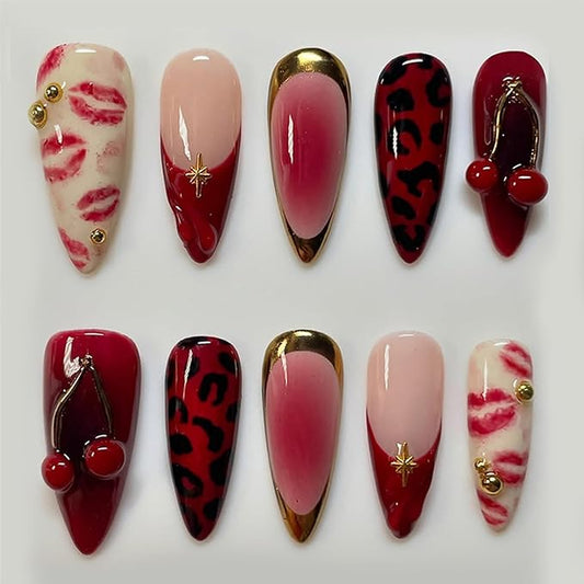 Red Lips Cherry Press on Nails Medium Almond Shaped False Nails with Golden Beads Designs NEWSPIED Valentines French Tip Fake Nails Red Glossy Acrylic Glue on Nails for Women Girls Manicure Tips 30Pcs