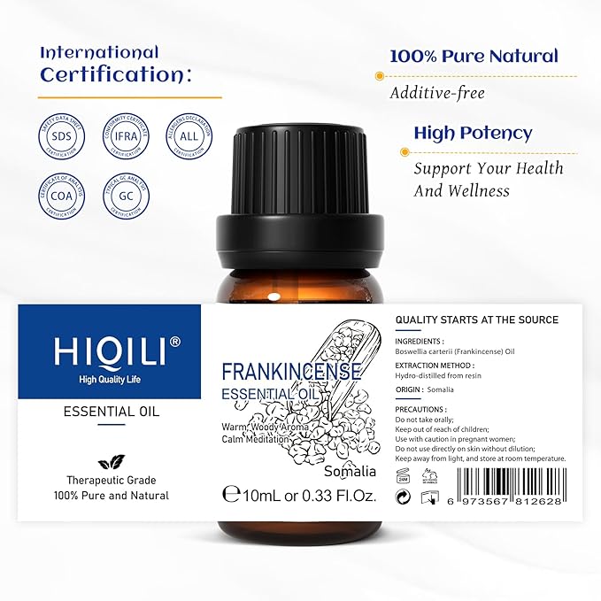 HIQILI 0.33 Fl Oz Frankincense Essential Oil, Relaxing, Skin Care, Camp Atmosphere Creation, Can be Added to Body Lotions, Creams, Aromatherapy Use - 10ml