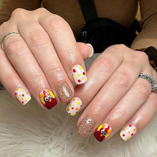 24Pcs Thanksgiving Press on Nails Petite Short Fake Nails Square Shaped Colorful Dots with Turkey Design Full Cover Artificial Fall Glue on Nails Autumn False Nails Stick on Nail for Acrylic Manicure