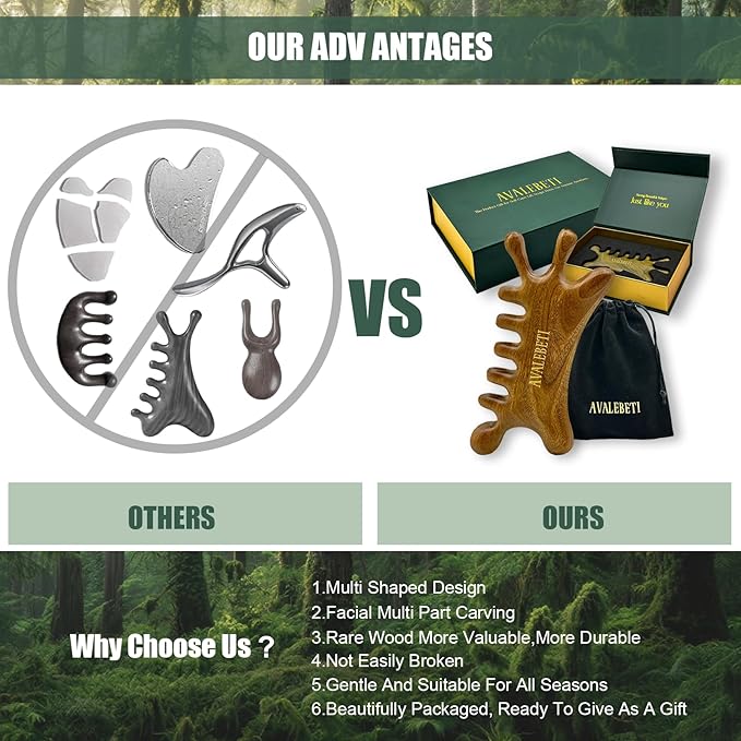 6-in-1 Gua Sha Tool for Face & Body, Natural Sandalwood – Lymphatic Drainage, Jaw Lifting & Nose Sculpting, Head Scalp Massage Comb for Stress Relief, Home Office Self Care Gifts for Women