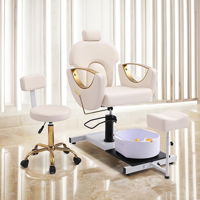 Pedicure Station No Plumbing, Hydraulic Pedicure Chair for Nail Tech, Height Adjustable Reclining Pedicure Station Unit, 360 Degree Swivel Foot Spa Chair with Massage Foot Bath (White-Golden)