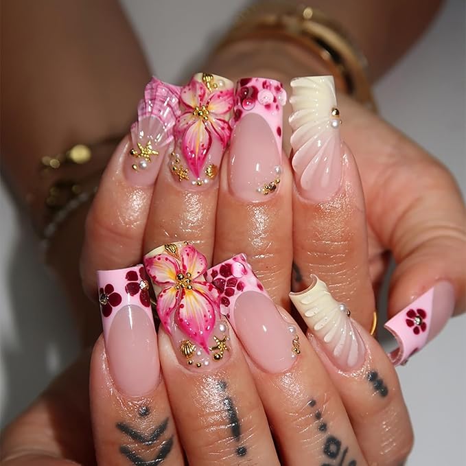 24Pcs Summer Flower Press on Nails Medium Square French Tip Fake Nails 3D Pink Floral with Gold Starfish Press Ons Cute Stick on Nail Ocean Beach False Nails Glue on Nail for Women Acrylic Nails