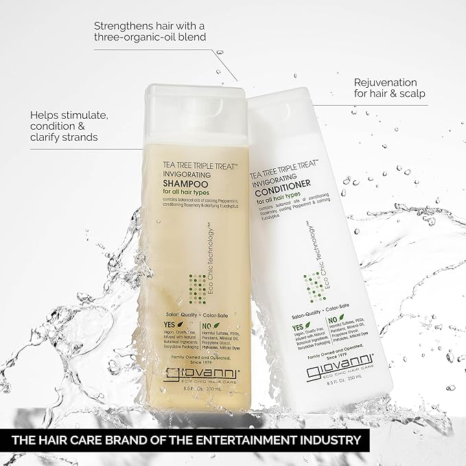 GIOVANNI Tea Tree Triple Treat Invigorating Shampoo & Conditioner Set - Cooling Peppermint, Eucalyptus, Rosemary, Helps Dry, Flaky Scalp, Salon Quality, Vegan, Cruelty Free, Paraben Free - 24 oz Each