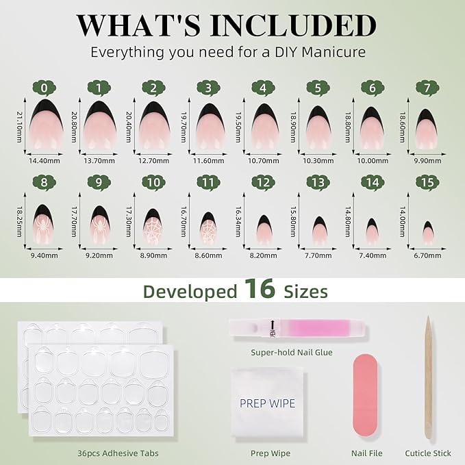 Spider Press On Nails Short Almond Spider Fake Nails with Spider Design, Black French Tip Press On Nails Reusable Stick On Nails in 16 Sizes, 32pcs False Nail Kit for Women & Girls