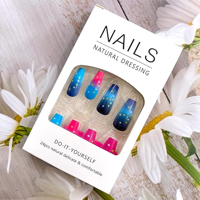 Press on Nails Medium Ballet Shaped Purple Gradient Acrylic Nail Colorful Glitter Dots Pattern Design Glossy Artificial False Nails Reusable Glue on Nails for Women Manicure Art Decoration