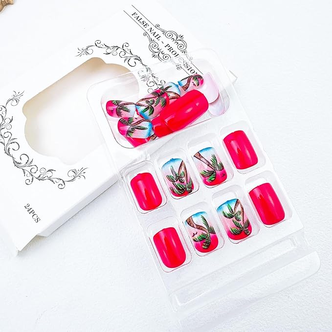 24pcs Summer Press on Nails Short Pink Fake Nails Square Nail Tips Coconut Tree Glue on Nails Gradient False Nails Beach Nail Design Full Cover Acrylic Nails Stick on Nails for Women Nail Decoration