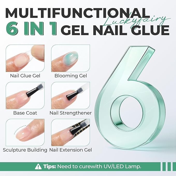 6 in 1 Gel Nail Glue Kit: Super Strong Nail Glue Gel 2Pcs 15ml for Press On Nails Clear Acrylic Nail Tips Long Lasting Art Gift Salon at Home U V Lamp Needed