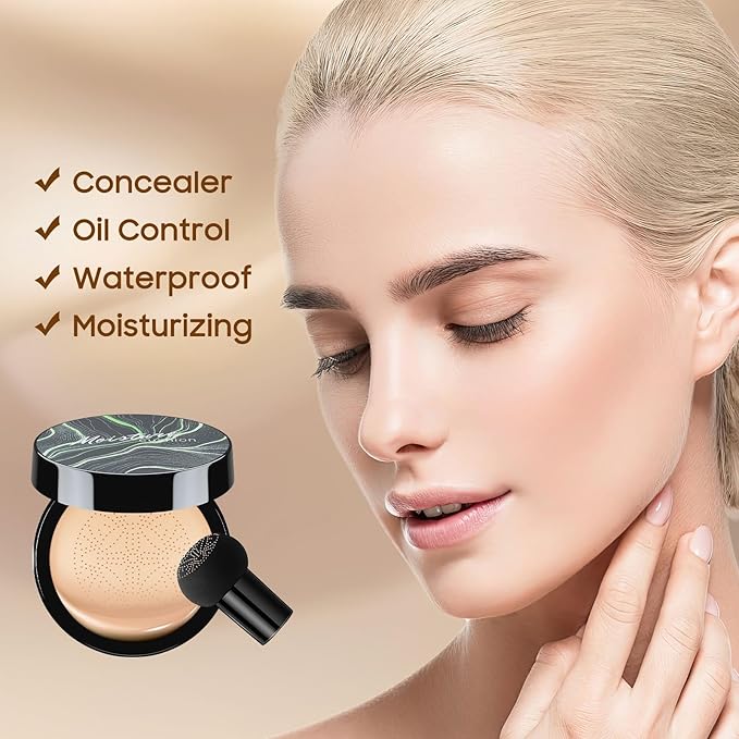 Mushroom Head Air Cushion CC Cream - BB Cream Long-Lasting Color Changing Foundation, Full Coverage Concealer for Older Women, Moisturizing & Brightening Foundation for Mature Skin Makeup (Ivory)