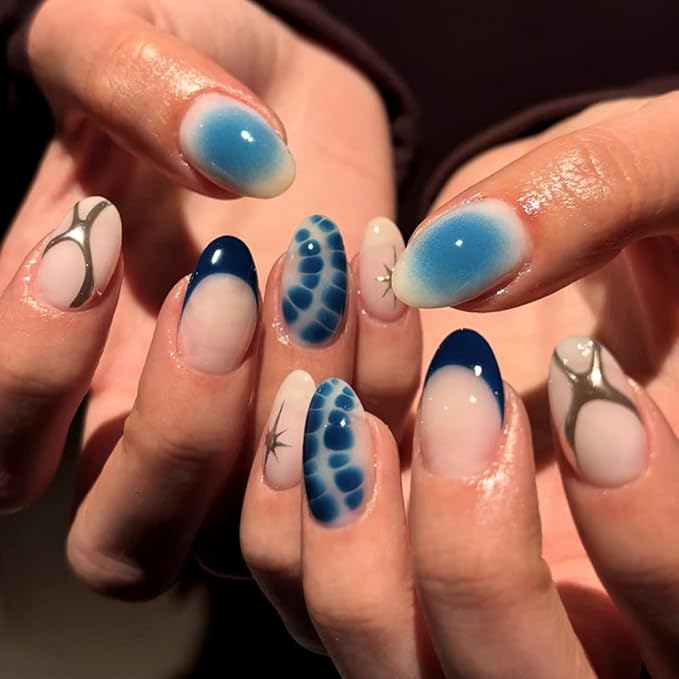 Blue Press On Nails Almond Shape 24pcs, Gradient Ombre False Nail with Star Design, 3D Pattern Medium Length Fake Nails, Glossy Stick On Nail Reusable Acrylic Glue On Nails Kit for Women