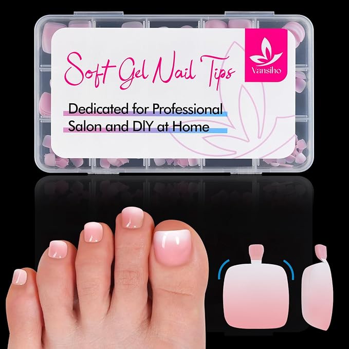 Vansiho 150 pcs French Tip Toe Nail Tips Press on, Pink Ombre French Tips Toenail Press on Square for Women, Soft Gel Fake Toe Nails, Acrylic Nails Soak off Toe Nail Home DIY 15 Sizes