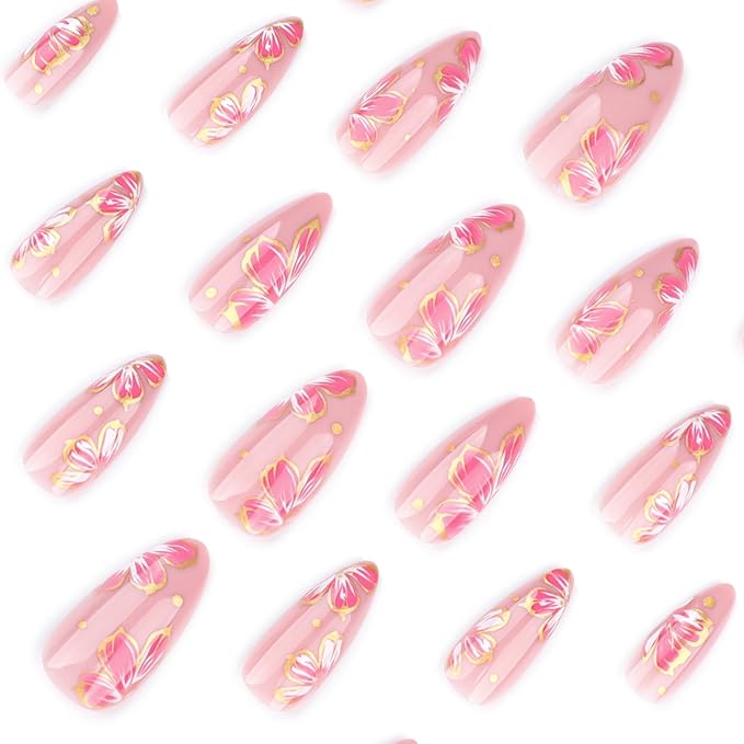 Flower Almond Press on Nails Medium Fake Nails with Golden Edge Design Glue on Nails Pink Floral Acrylic Nails Full Cover Stick on Nails Reusable Cute Glue on Nails Artificial Nails for Women 24Pcs