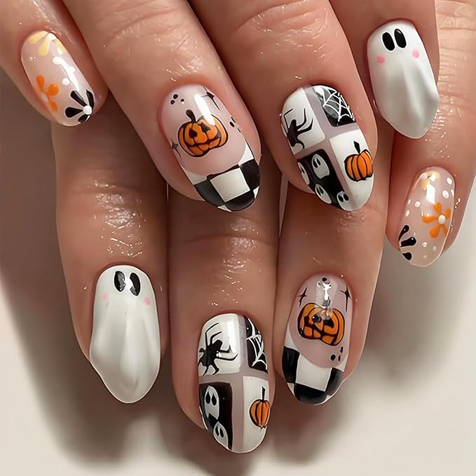 24Pcs Halloween Press on Nails Short Almond Fake Nails White Ghost Acrylic Nails with 3D Designs Horror Spider Pumpkin Glue on Nails Ghost Flower Spider Web False Nail Tips for Women Nail Designs