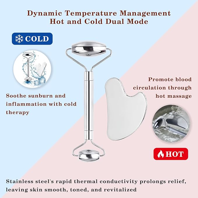 Stainless Steel Gua Sha and Face Roller Set Facial Massager Tools, Lymphatic Drainage Massager Metal Gua Sha Skin Self Care Gifts for Women, Face Sculpting Guasha for Body Eyes with Pouch