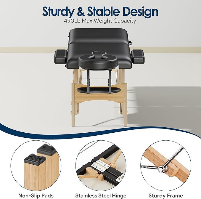 Brelley Massage Table Portable Wooden Lash Bed 24" Wide Adjustable Height 2-Fold Spa Table Foldable Tattoo Bed (Black)