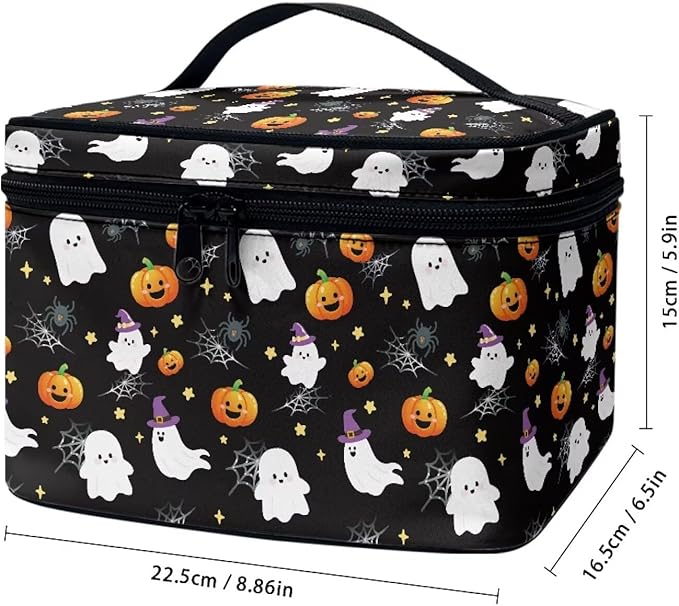 Halloween Travel Makeup Bags for Women Bat Pumpkin Spider Web Pattern Portable Tote Cosmetic Case with Carry Handle Toiletry Accessories Storage Organizer Bags