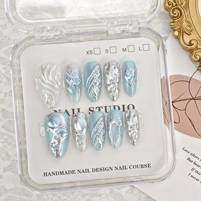 30Pcs Blue Press on Nails Medium Almond Y2k Fake Nails Silver Bow Heart with Glitter Design Full Cover Chrome Press Ons Punk Stick on Nails Gothic False Nails for Women Acrylic Nail Decorations DIY