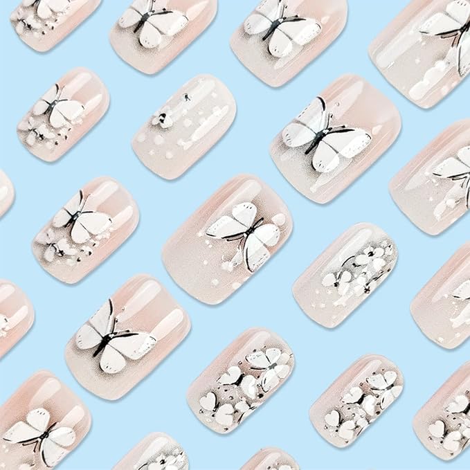 24Pcs White Press on Nails 3D Butterfly Stick on Nails Short Square Acrylic False Nails Glossy Black Gradient Fake Nails Polk Dot Gel Glue on Nails for Coquette Women Girls