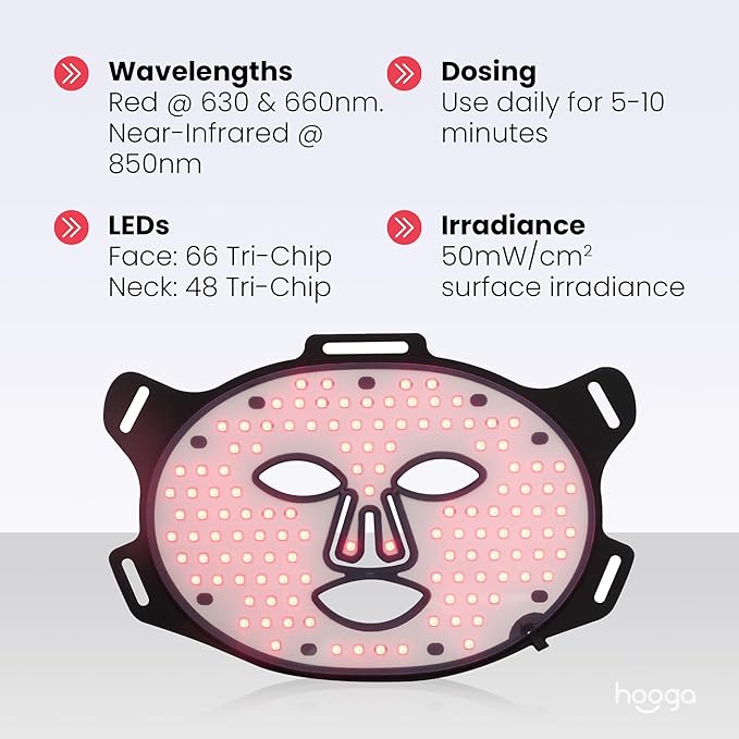 Hooga Red Light Therapy LED Mask and Neck Piece Combo Set, Tri Chip LEDs, 630 nm and 660nm Red & 850nm Near Infrared, Adjustable, Comfortable, USB Type-C Rechargeable for Wellness and Anti-Aging