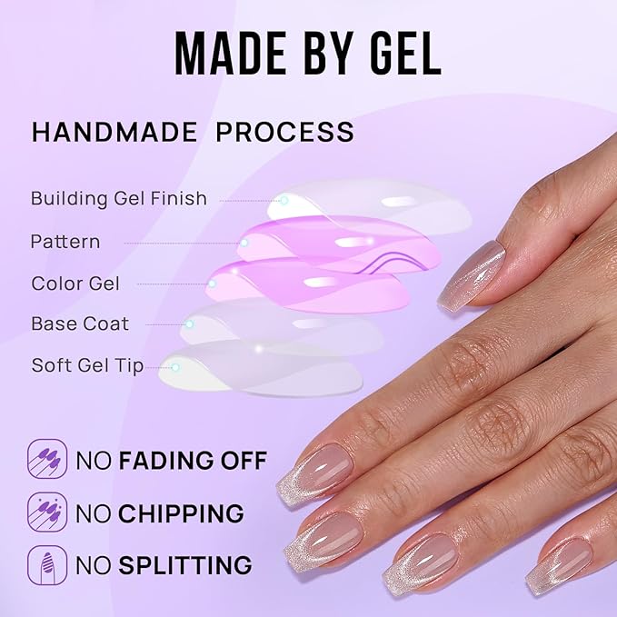 BTArtbox Press On Nails Short - Cat Eye French Tip Press On Nails Coffin, Light Weight & Fit Perfectly Nail Tips, Natural Fake Nail with Glue, Glue On Nails in 16 Sizes - 30 Nail Kit, Milky Way