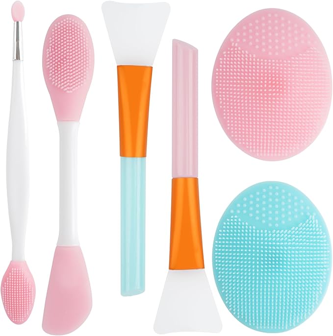 6PCS Silicone Face Scrubber Brush Set- 2PCS Facial Cleaning Brush Exfoliator Tools- 2PCS Silicone Face Mask Applicator Brushes- 2 in 1 Double-Headed Lip Scrubber Skin Care Tools