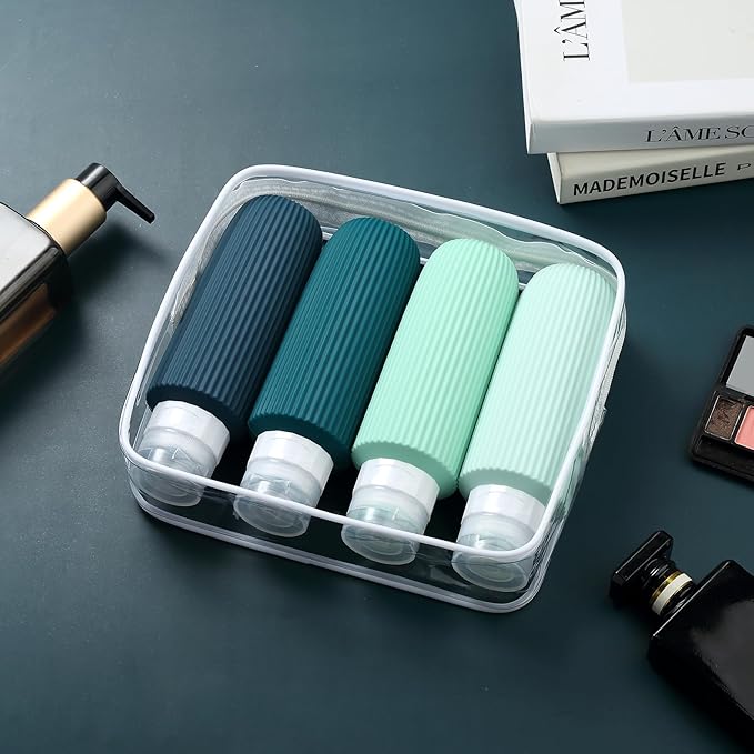 Travel Bottles for Toiletries, Large 6oz Travel Size Containers, BPA Free Leak Proof Tubs Refillable Liquid Accessories with Toiletry Bag for Cometic Shampoo and Lotion Soap (4 Pack)