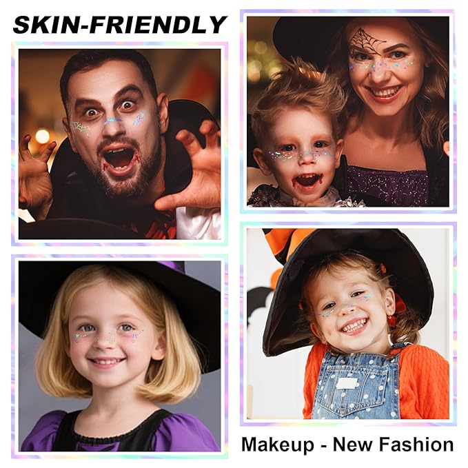 8PCS Halloween Glitter Freckles Face Tattoo, Sparkle Freckles for Women and Kids, Cute Star Waterproof Gold Temporary Face Tattoos Glitter Glow Up Patches (8PCSC Holographic Multicolor)