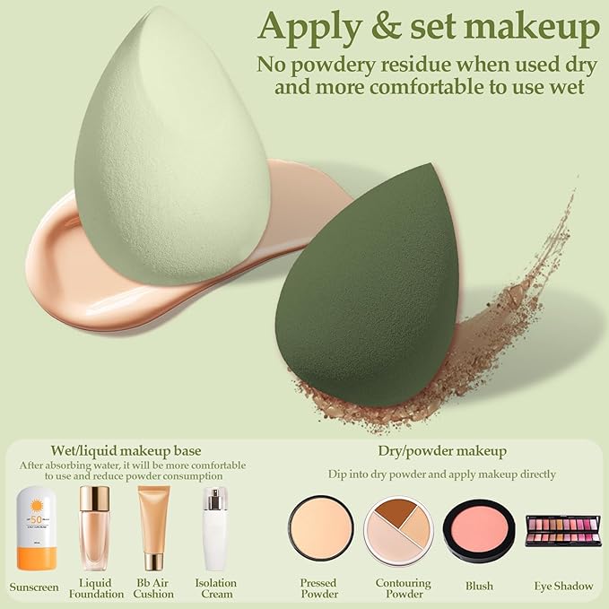 14 Pcs Makeup Sponge Set, Beauty Sponges Blender with 4 Pcs Powder Puff and 4 Pcs Mini Make up Sponges St. Patrick's Day Gift for Liquid,Foundation,Powder,Concealer,Cream (Green)