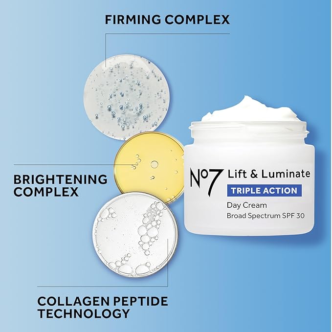 No7 Lift & Luminate Triple Action Fragrance Free Day Cream SPF 30 - Broad Spectrum Anti-Aging Face Cream - Hydrating Hibiscus Peptides & Hyaluronic Acid + Emblica & Vitamin C (2 pack, 1.69 Fl Oz each)