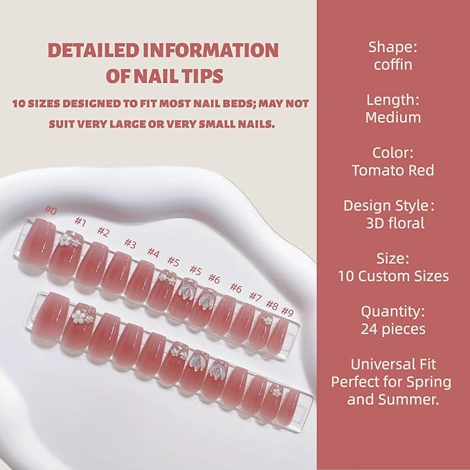 Tomato Red Press on Nails 3D Flower Coffin Fake Nails Medium Length False Nails Natural Fit Stick on Nail Tips for Spring and Summer