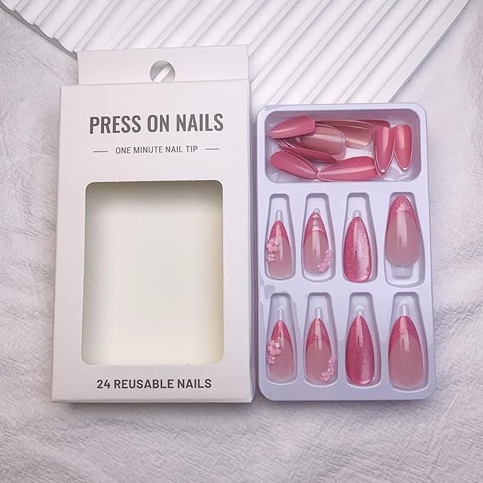 Medium Press on Nails Almond Fake Nails Pink Glitter Acrylic False Nails with Deigns Sakura Flower Glue on Nails Press ons French Nails Decorations for Women Girls 24Pcs