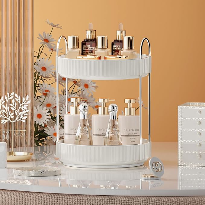 Rotating Makeup Organizer for Vanity, 2 Tier High-Capacity Skincare & Makeup Storage, Perfume Organizer, Cosmetic Dresser, Countertop 360 Spinning