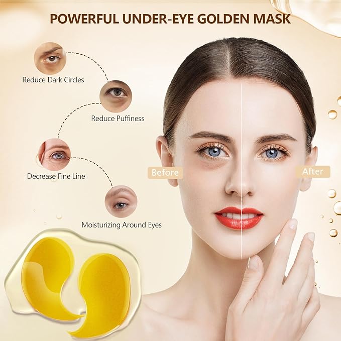 60 Pcs 24K Gold Under Eye Patches with 5 Pieces Travel 24K Golden Eye Mask, 30 Pairs Women Undereye Mask for Dark Circles Puffy Eyes Treatment, Men Gel Pads Hydrating for Puffiness Wrinkle