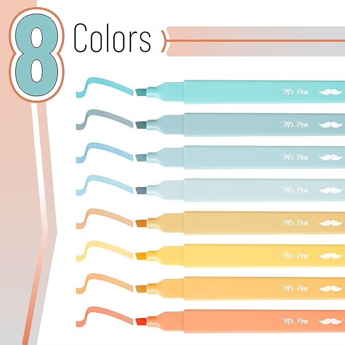 Mr. Pen- Aesthetic Highlighters, 8 pcs, Chisel Tip, Pastel Colors, Cute Highlighters Assorted Colors