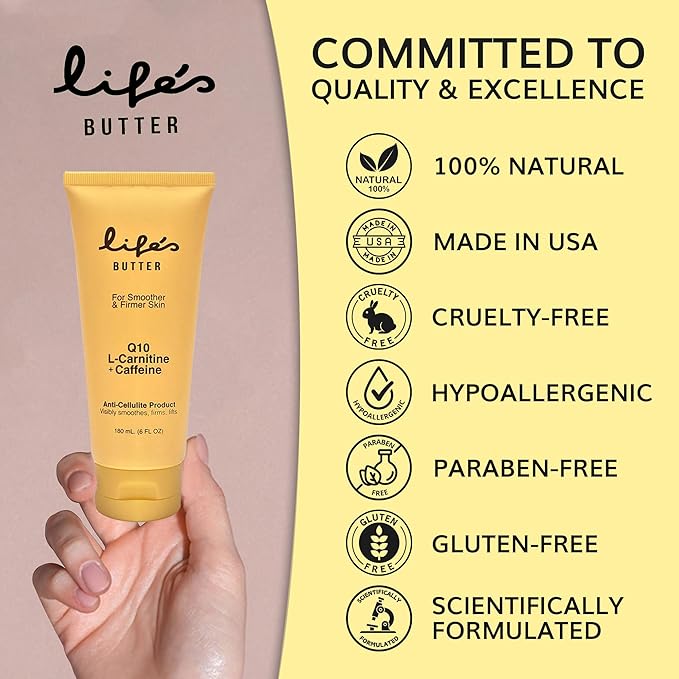 LIFE'S BUTTER Anti-Cellulite Cream - 100% Natural - Made in USA - Cruelty-Free - Hypoallergenic - Best Cellulite Reduction - Skin Firming + Tightening for Women L-Carnitine + CoQ10 + Caffeine – 6oz